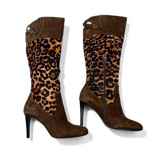 Lauren Ralph Lauren Halina II Boots 8B Knee High Suede Leopard Print Brown